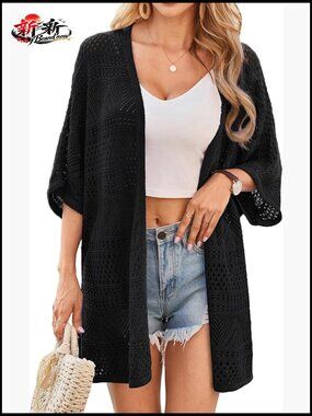 Lightweight Crochet Short Sleeve Cardigan Sweater Boho Kimono Oversized